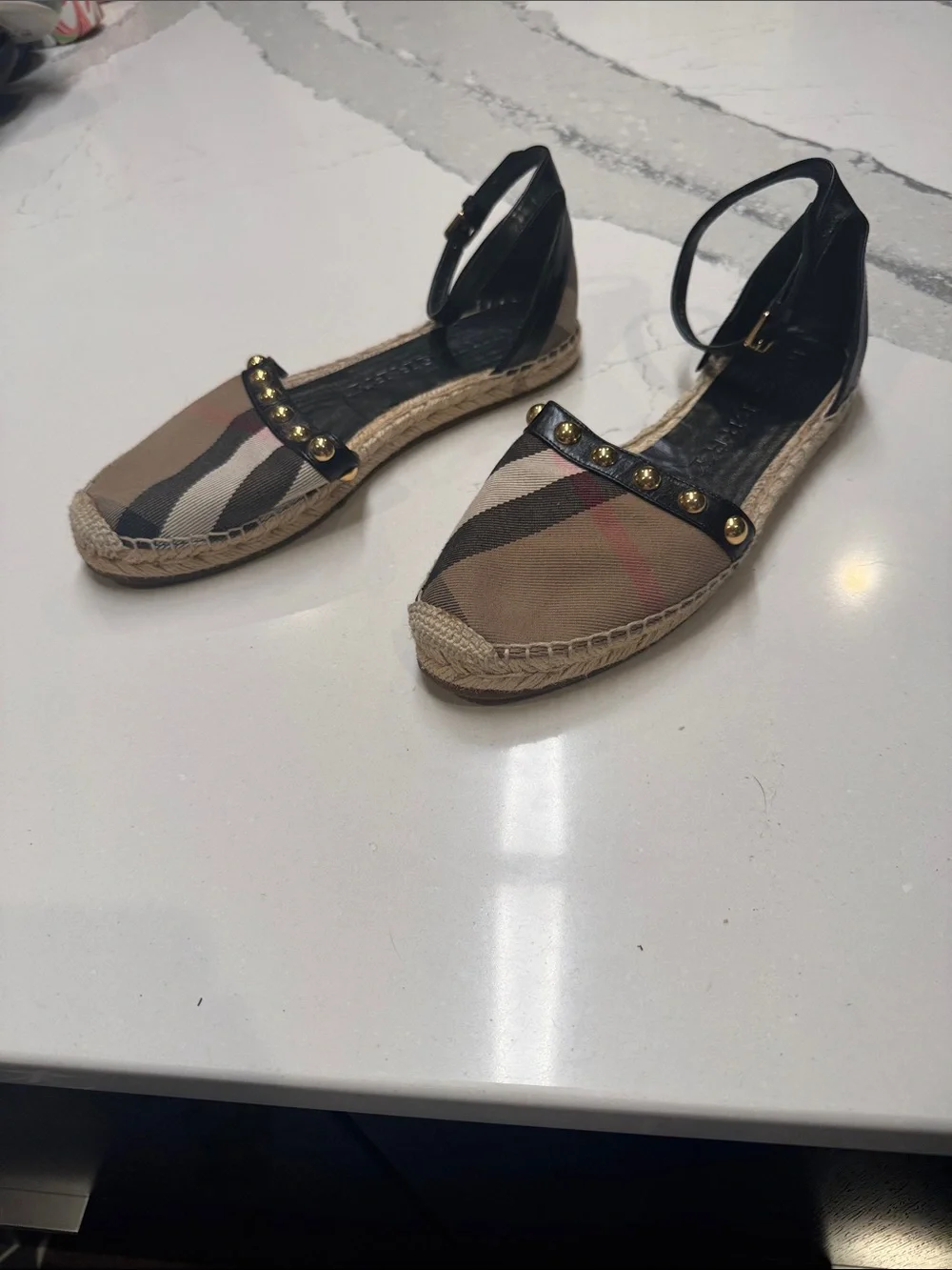 Burberry Plaid Espadrille Flats with Black Ankle Strap and Gold Studs SzEU39.5